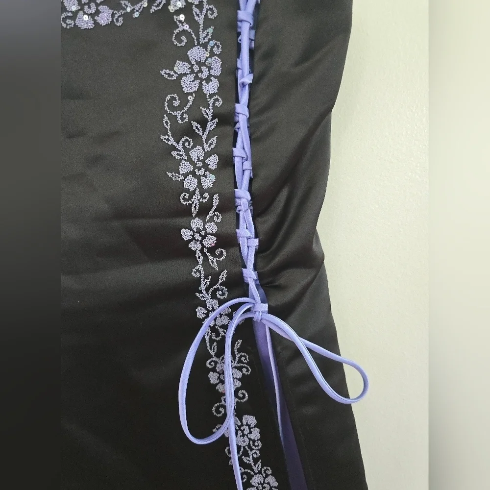 Prom Dress Maxi Gown Purple Black Bead Y2K Floral Delvt Sz 13 Fairy FLAWS - Picture 4 of 13